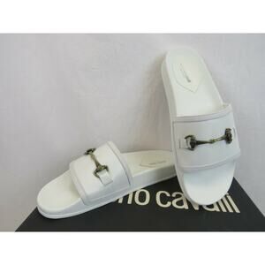 ROBERTO CAVALLI WHITE LEATHER SUEDE ANTIQUE SILVER LOGO SANDALS SLIDES 43/10 IT